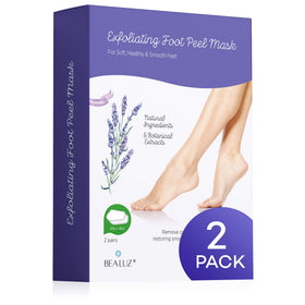 Bealuz front packaging showing two exfoliating booties and lavender scent benefit