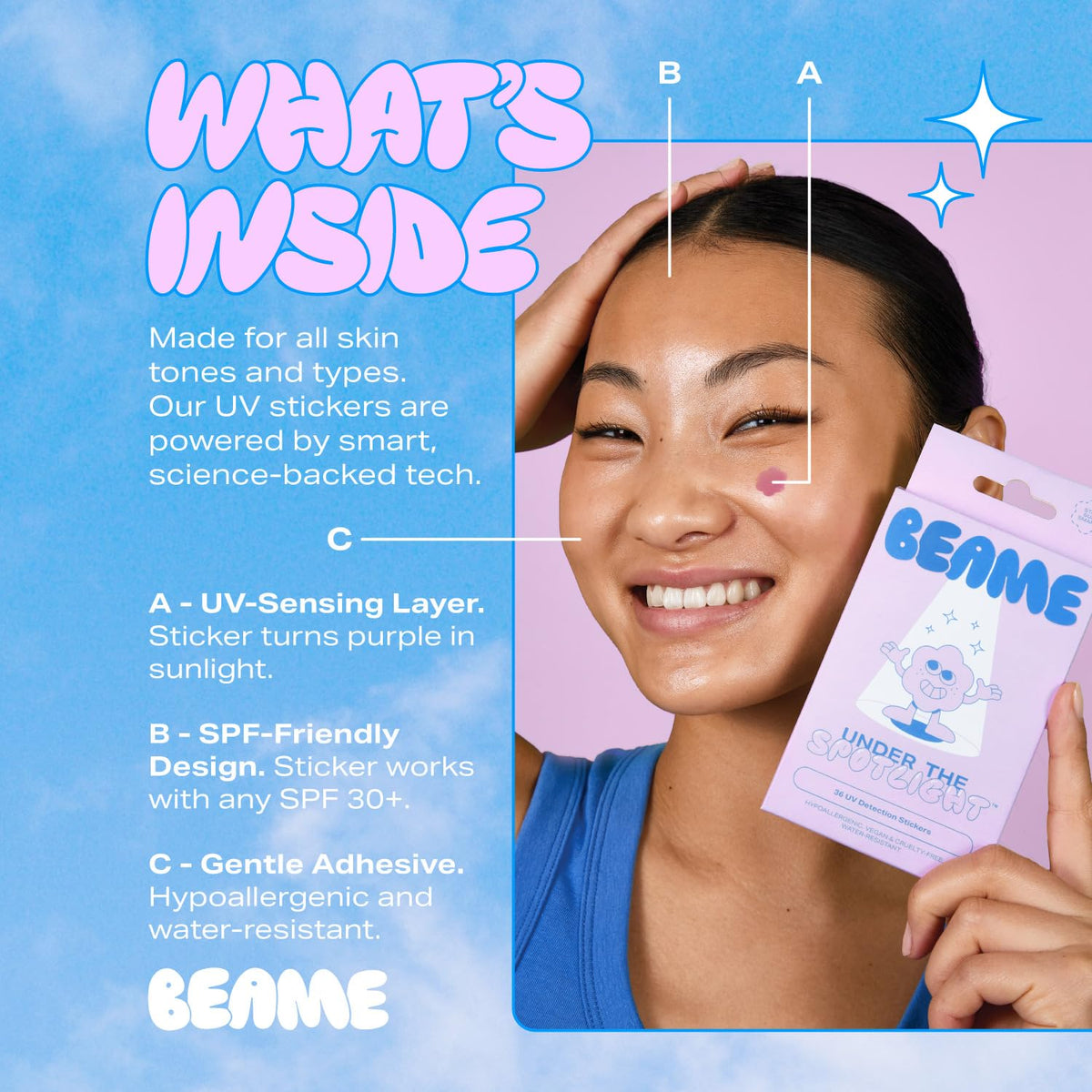 BEAME product label highlighting vegan and skin-safe benefits
