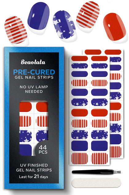 Beaolata front packaging showing 44-piece patriotic nail strips and included tools