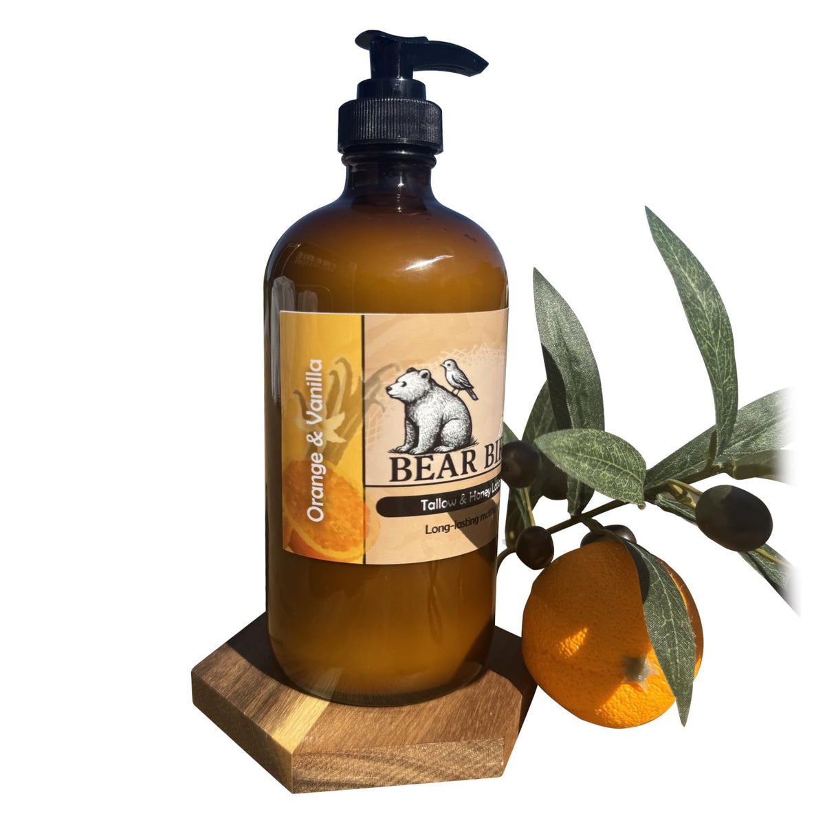 Bear Bird olive oil and essential oils beside jar showing antioxidant benefits