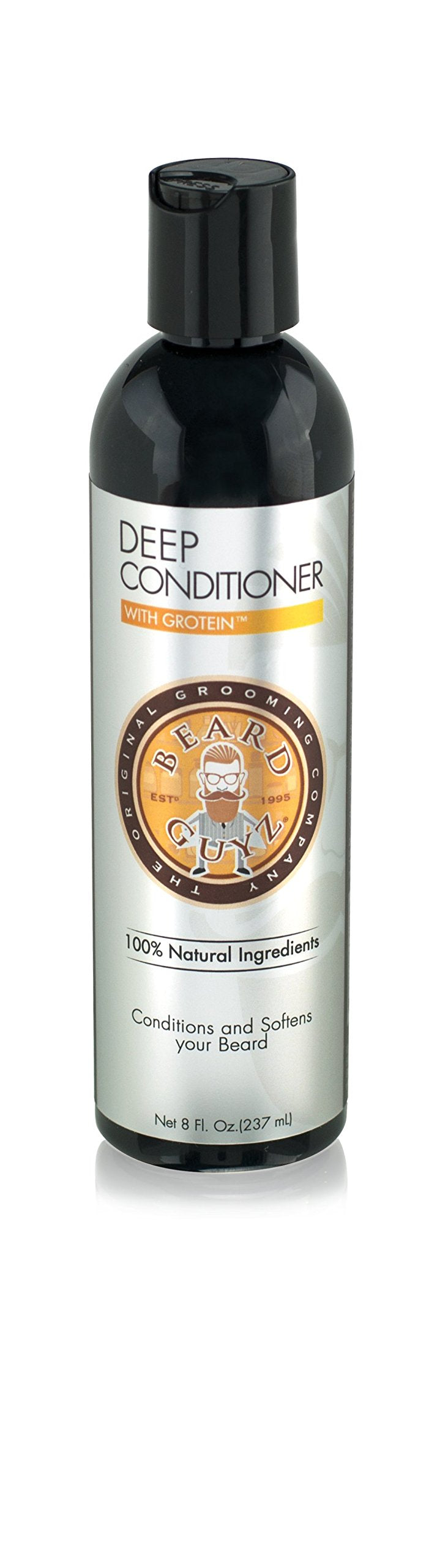 Beard Guyz front bottle view showing label and easy dispensing, highlighting fast conditioning