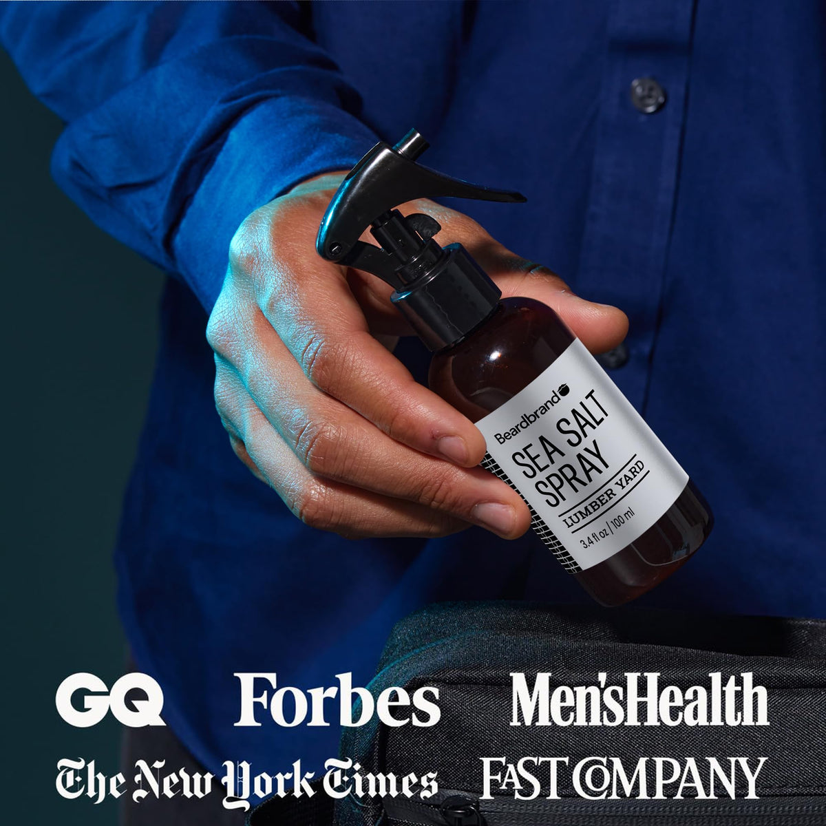 Beardbrand bottle next to common items showing 3.4 oz compact travel-friendly benefit