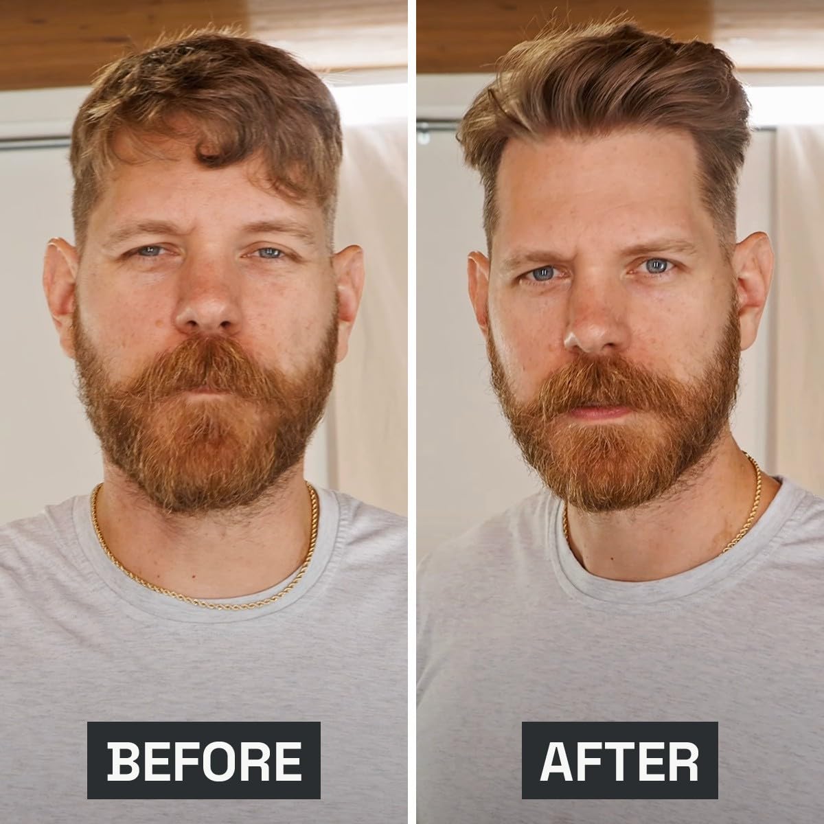 Beardbrand before and after hair photo showing added volume and fuller look benefit