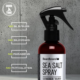 Beardbrand bottle on bathroom vanity showing easy daily styling benefit