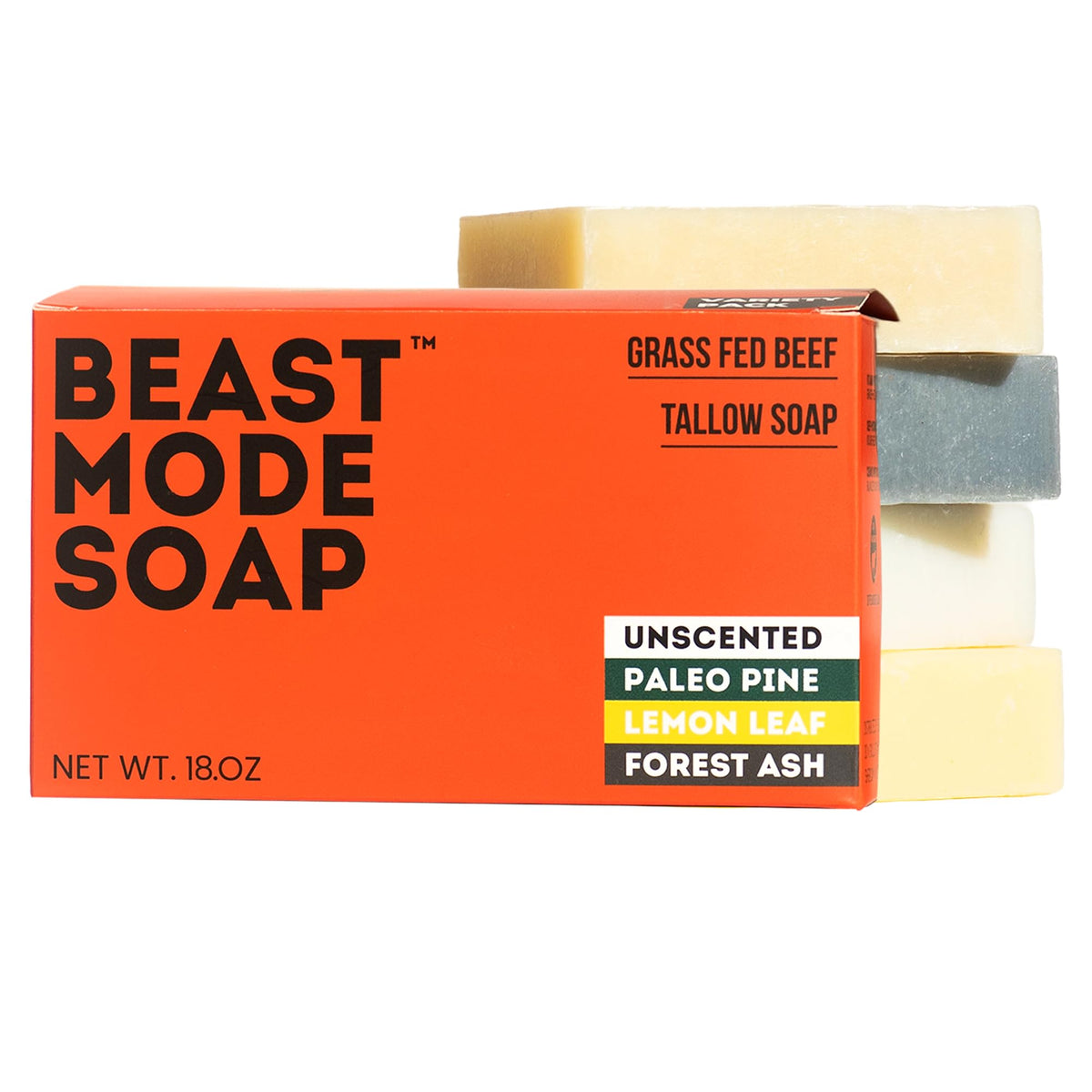 Beast Mode Soap front packaging showing four-bar variety pack and branding benefits