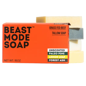 Beast Mode Soap front packaging showing four-bar variety pack and branding benefits