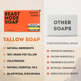 Beast Mode Soap label and ingredient list showing grass-fed tallow and natural formula