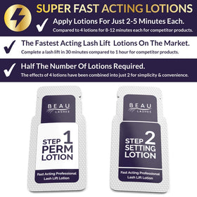 BEAU LASHES lotion bottles close-up highlighting applicator tips and quick-use benefit