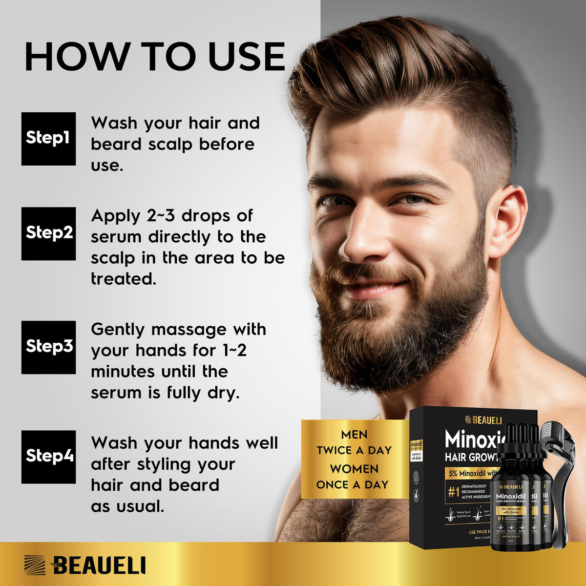beaueli applying liquid to beard area for targeted coverage