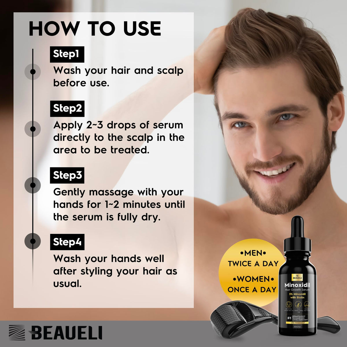 beaueli applying serum to beard to reduce patchiness