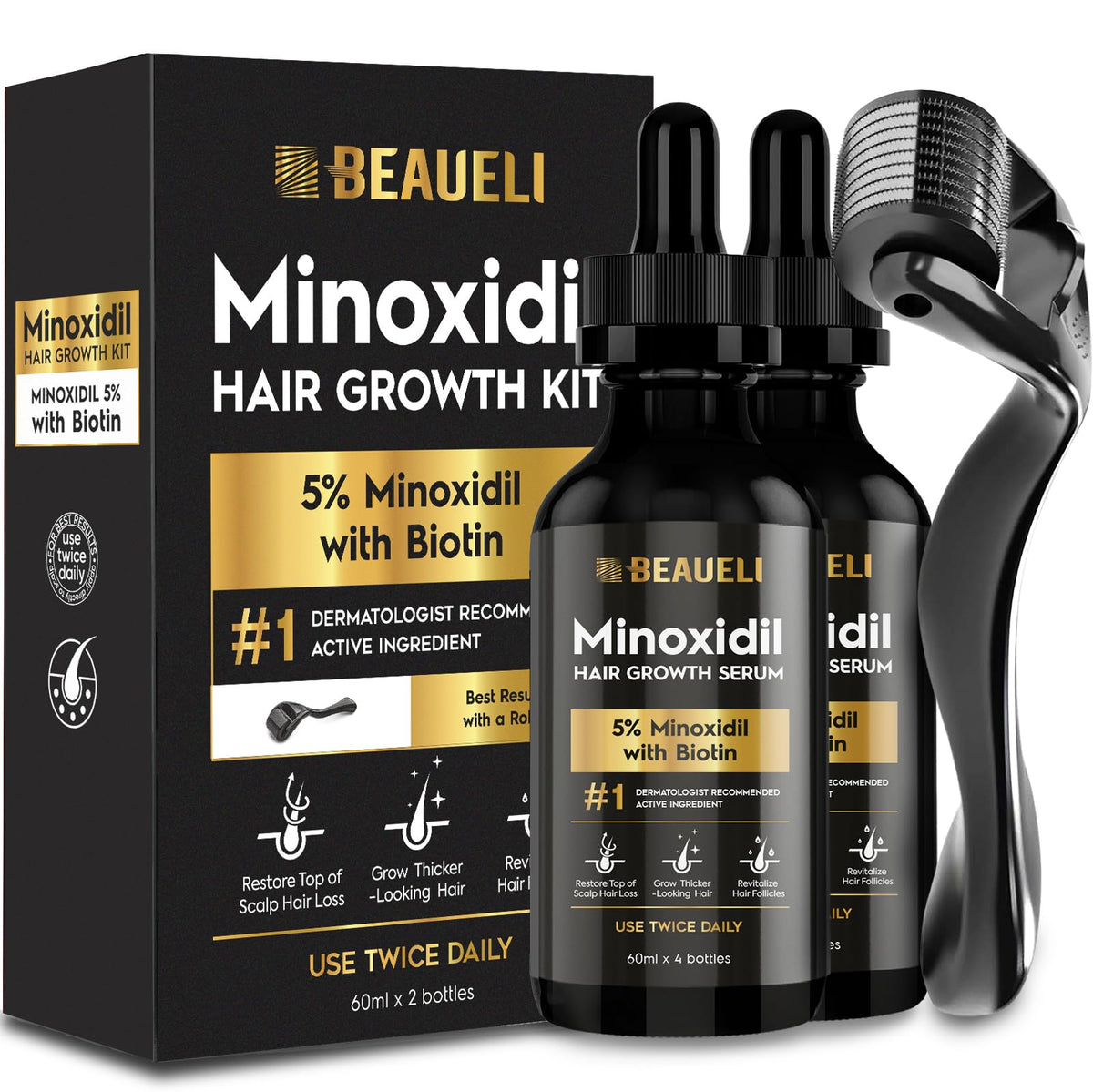 beaueli front packaging showing two 60ml black bottles for long-term use