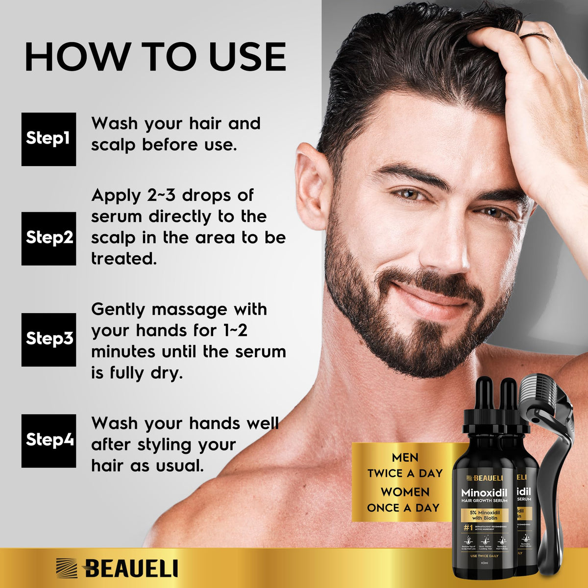 beaueli label close-up highlighting 5% minoxidil and biotin