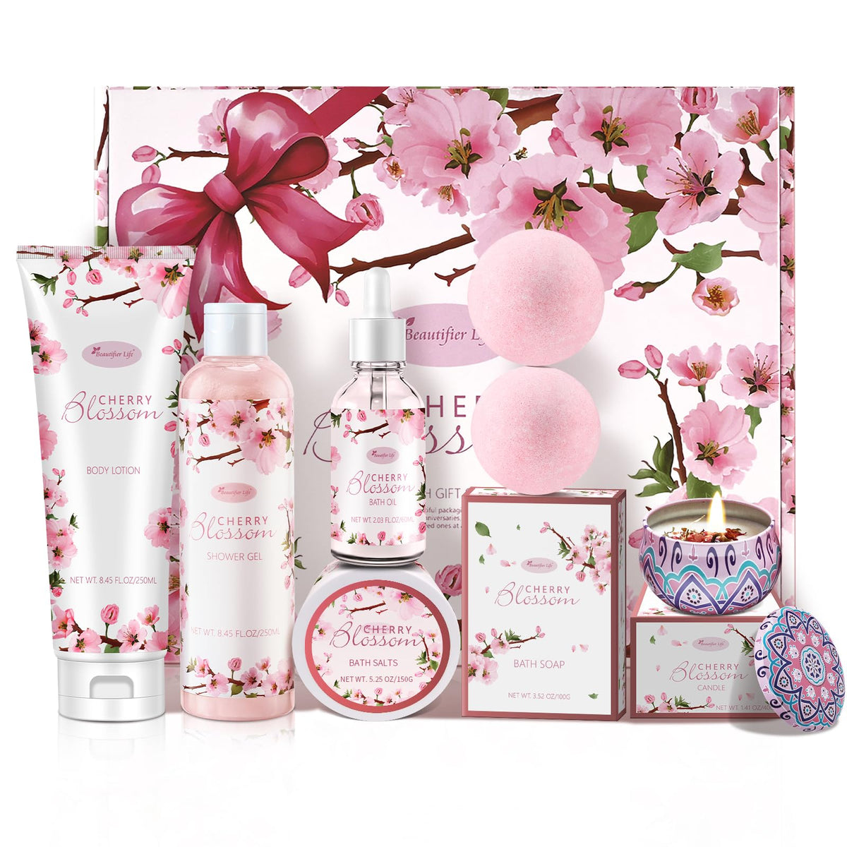 Beautifier Life front packaging showing elegant cherry blossom gift box and contents