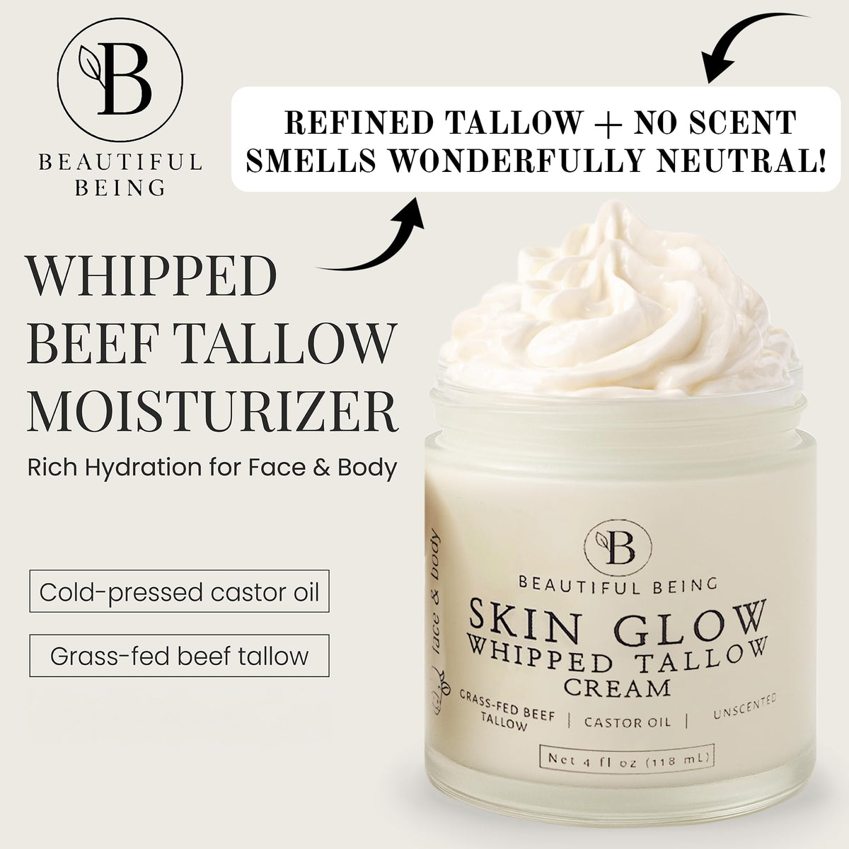 Beautiful Being close-up whipped tallow texture showing rich emollient benefit