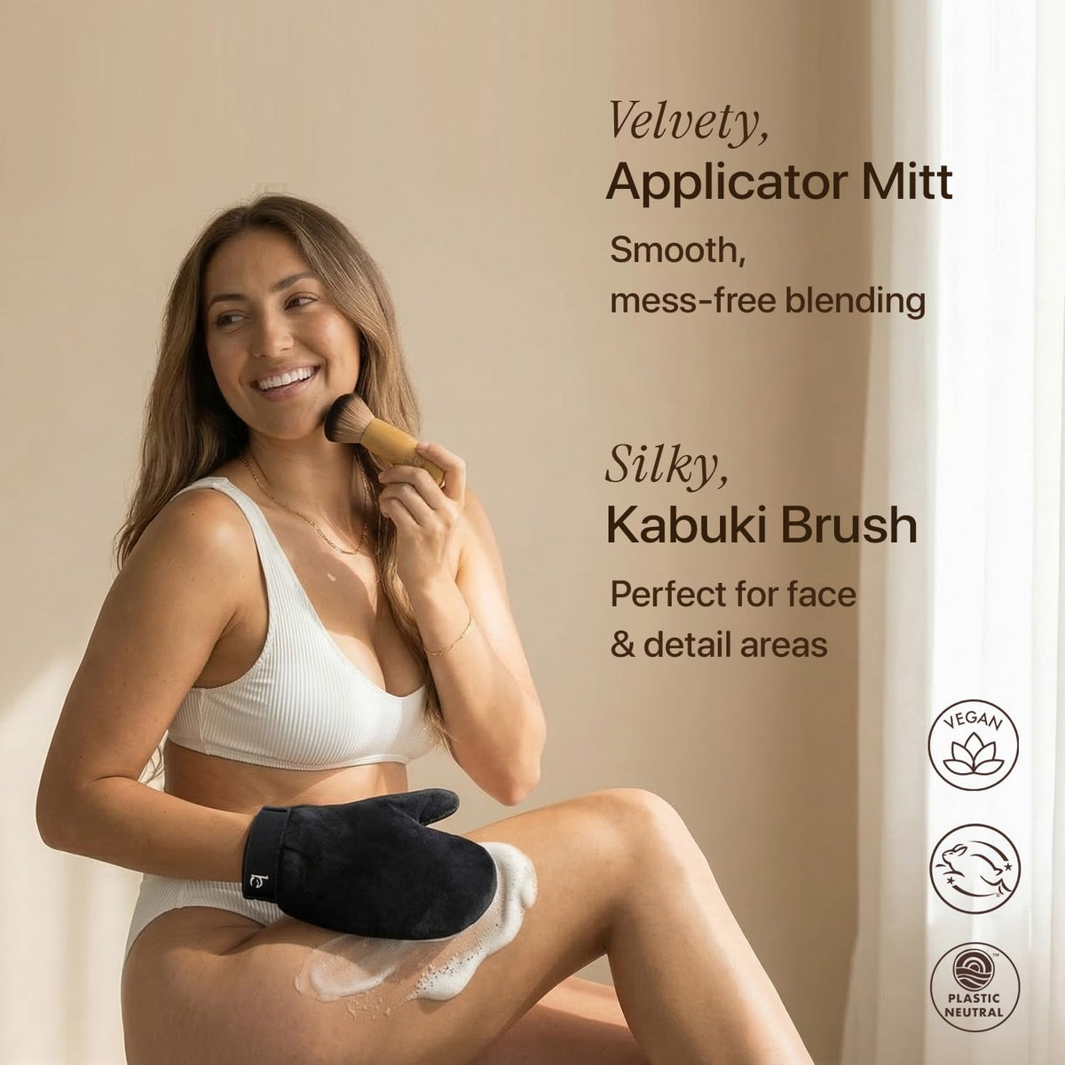 Beauty by Earth application mitt close-up ensuring streak-free, even body coverage