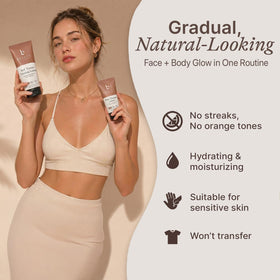 Beauty by Earth mitt in hand demonstrating easy even application and streak-free finish benefit