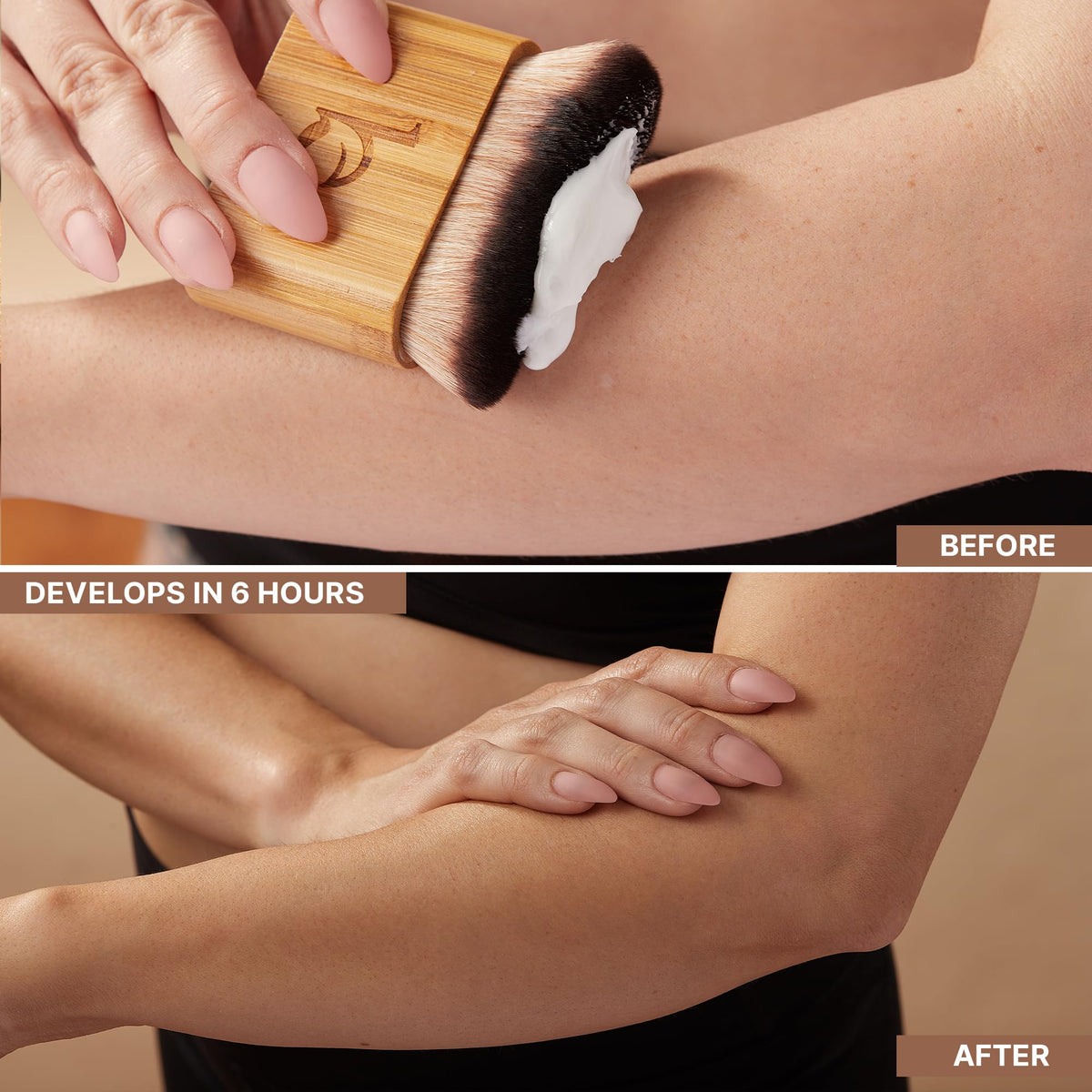 Beauty by Earth applied on arm with mitt for easy streak-free coverage benefit