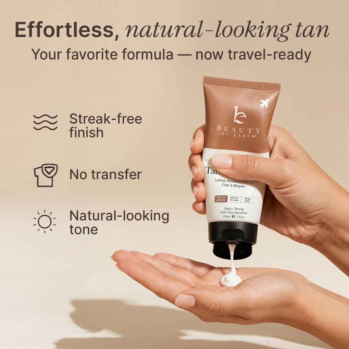 Beauty by Earth applied on arm demonstrating streak-free natural bronze