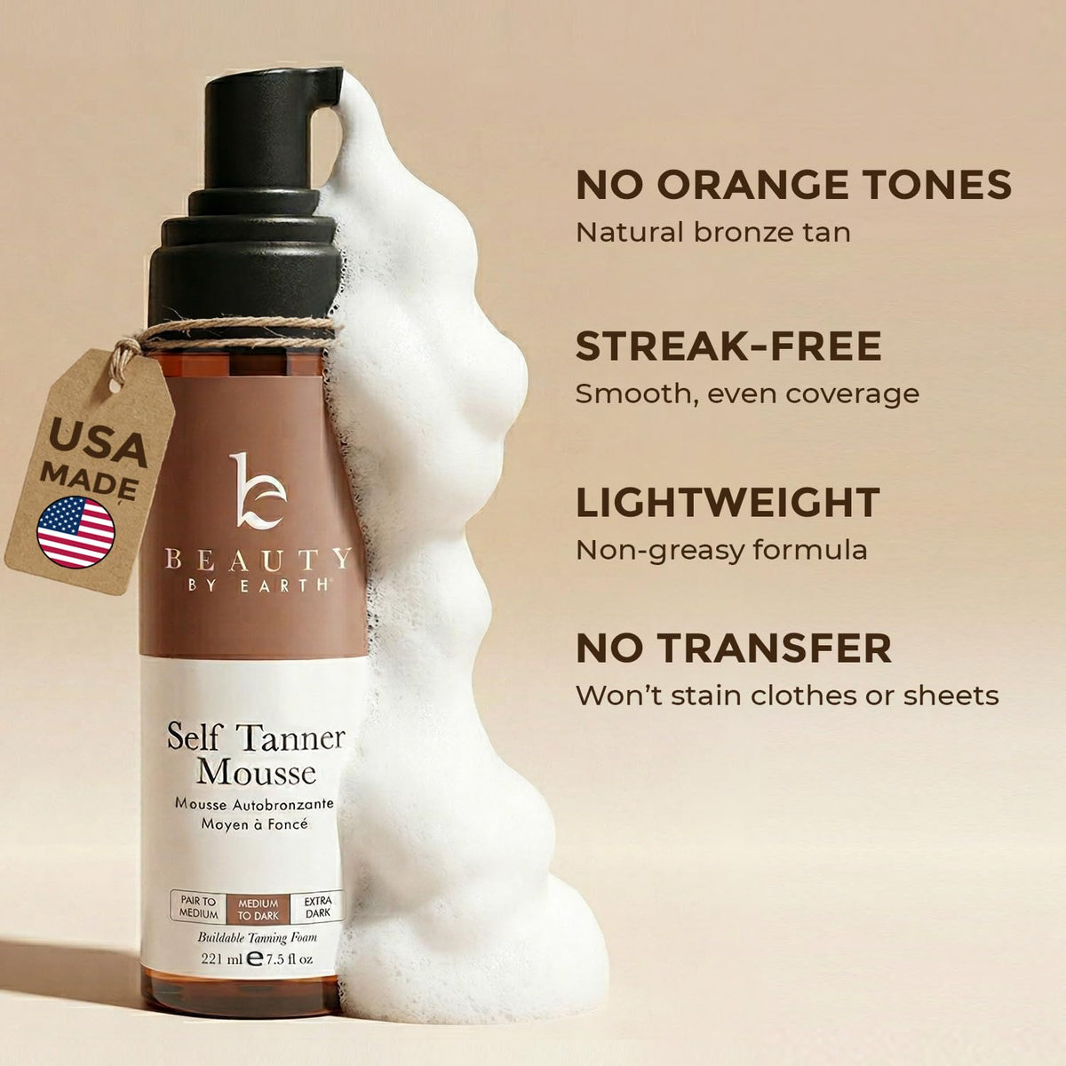 Beauty by Earth mousse applied with mitt for streak-free, even coverage