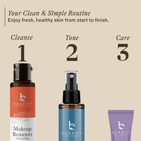 Beauty by Earth bottle placed on bathroom counter suggesting easy nightly routine