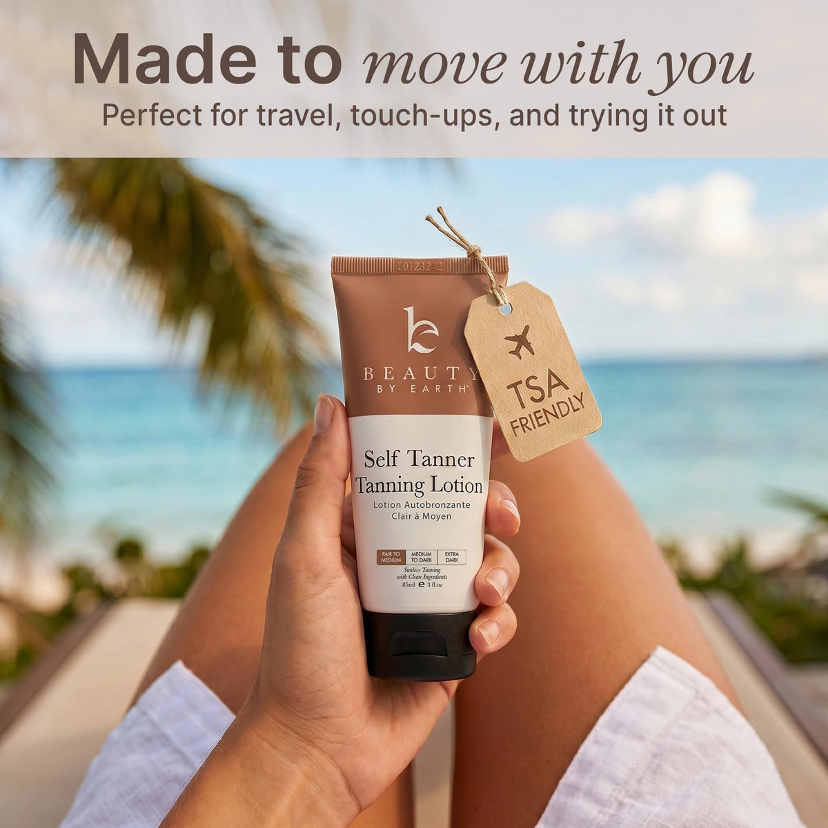 Beauty by Earth bottle next to sunglasses indicating travel-ready convenience