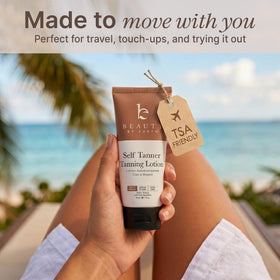 Beauty by Earth bottle next to sunglasses indicating travel-ready convenience