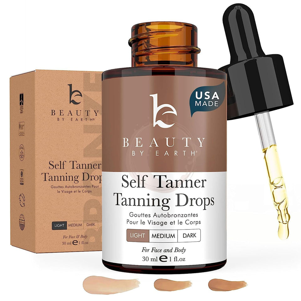 Beauty by Earth bottle front view showing clean, organic tanning drops