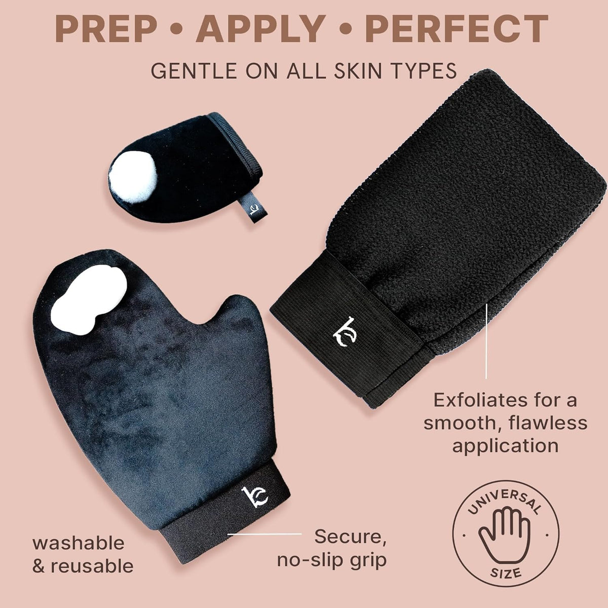 Beauty by Earth exfoliating mitt in use to prepare skin for an even tan