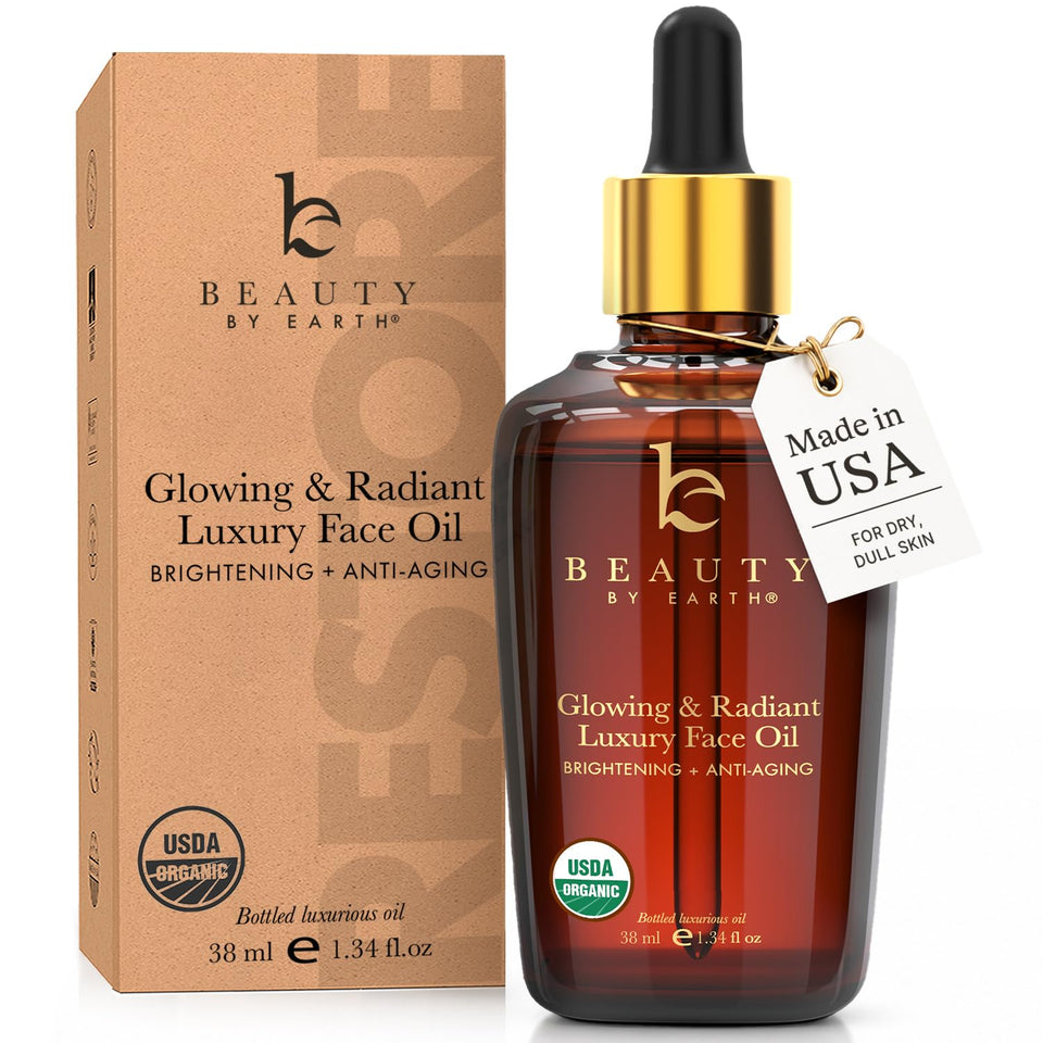 Beauty by Earth front bottle view showing organic face oil packaging and hydration benefits