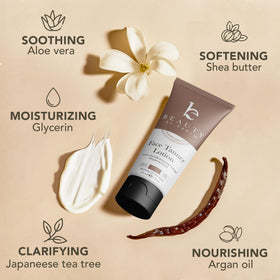 Beauty by Earth face tanner size comparison with coin showing compact travel-friendly benefit