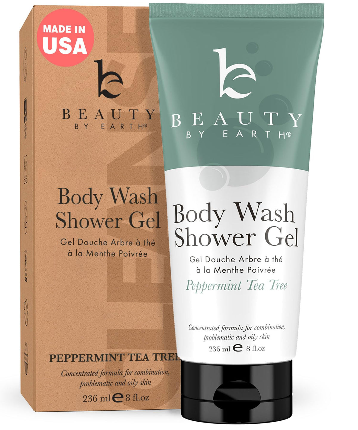 Beauty by Earth front bottle showing peppermint tea tree body wash and clean formulation benefits