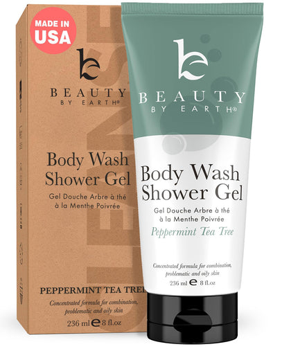 Beauty by Earth front bottle showing peppermint tea tree body wash and clean formulation benefits