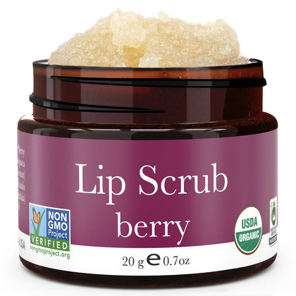 Beauty by Earth front jar showing berry lip scrub for travel convenience