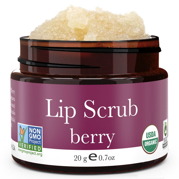 Beauty by Earth front jar showing berry lip scrub for travel convenience