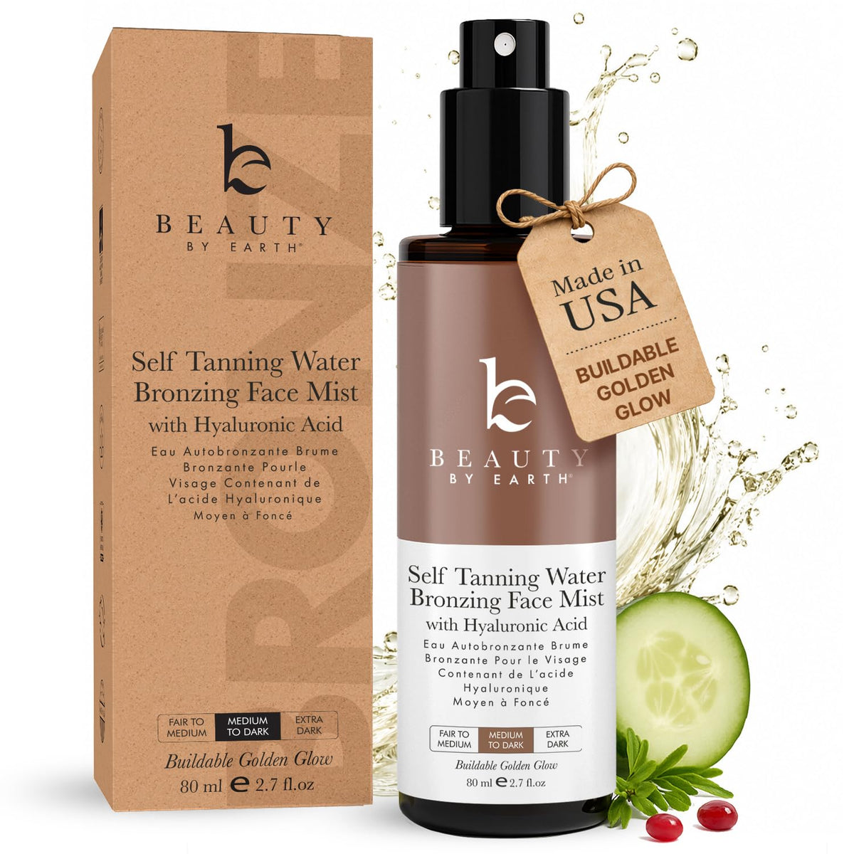 Beauty by Earth front packaging showing bronzing face tanner mist benefit natural glow