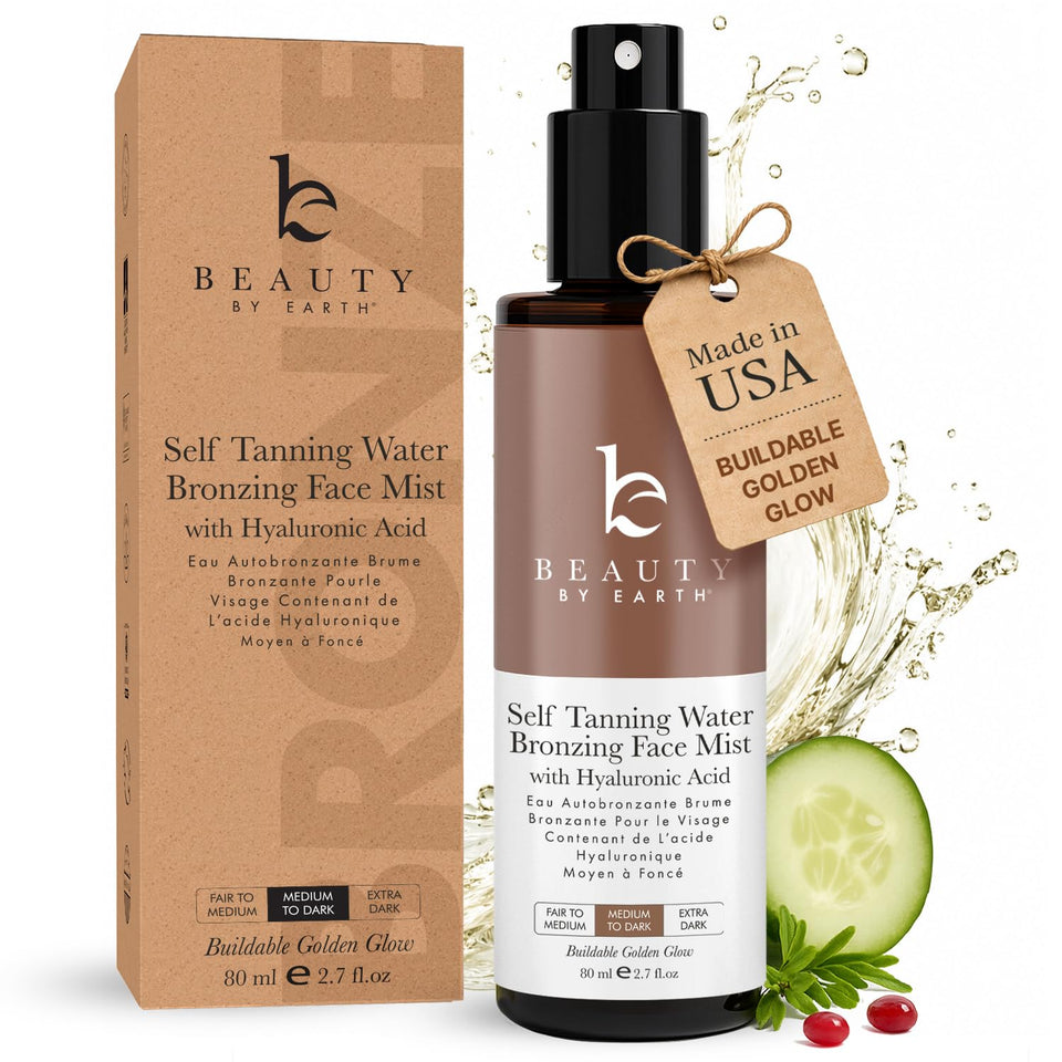 Beauty by Earth front packaging showing bronzing face tanner mist benefit natural glow