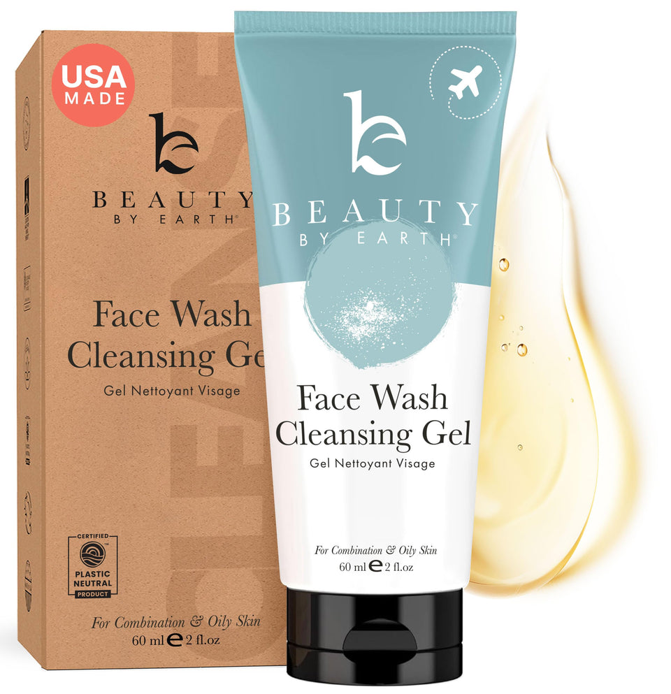 Beauty by Earth front packaging showing cleanser bottle and clear benefits