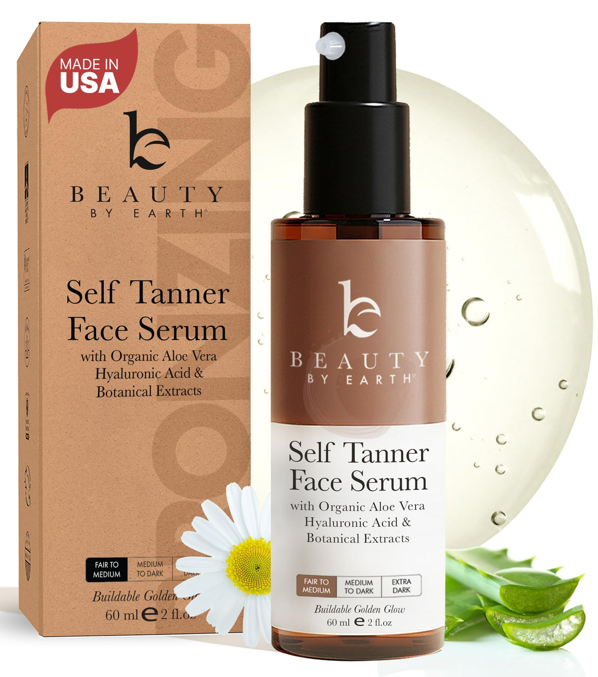 Beauty by Earth front packaging showing serum bottle and label benefits