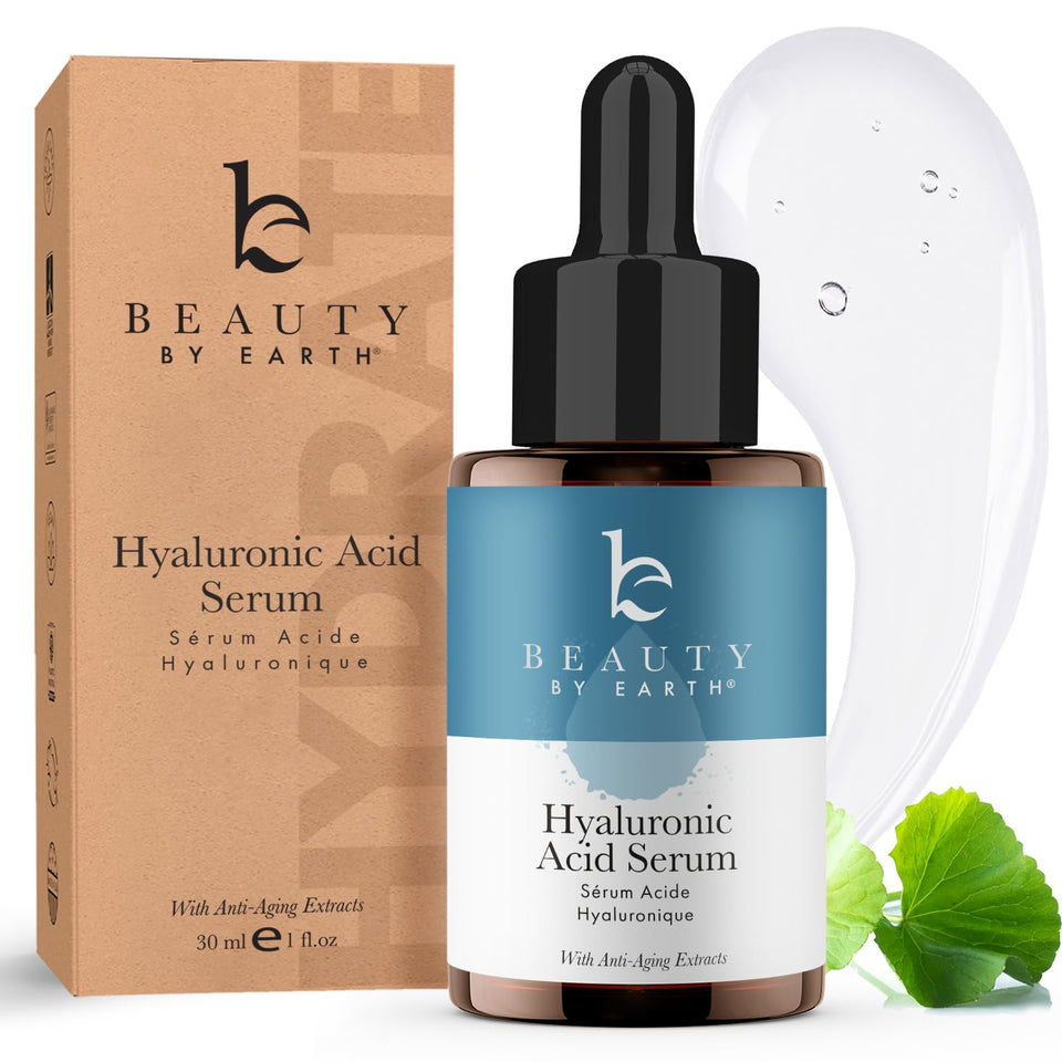 Beauty by Earth front packaging showing clean hyaluronic serum benefits