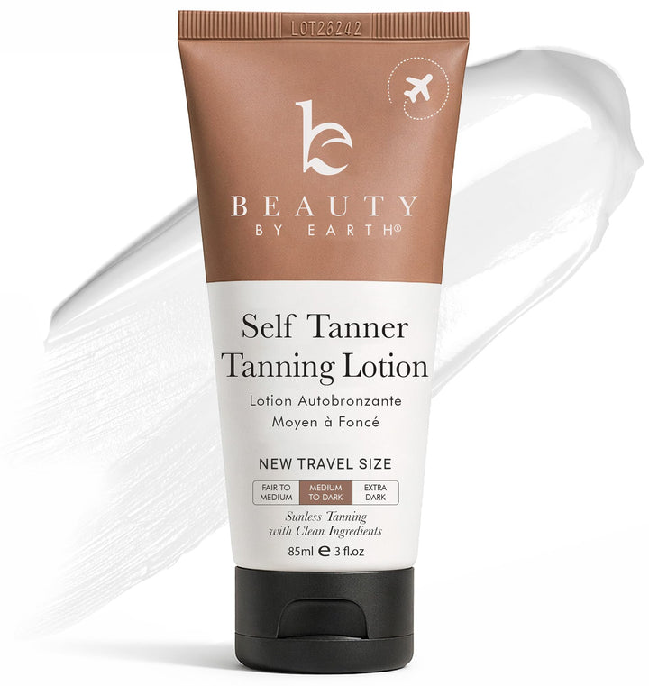 Beauty by Earth front packaging travel self tanner showing compact bottle convenience