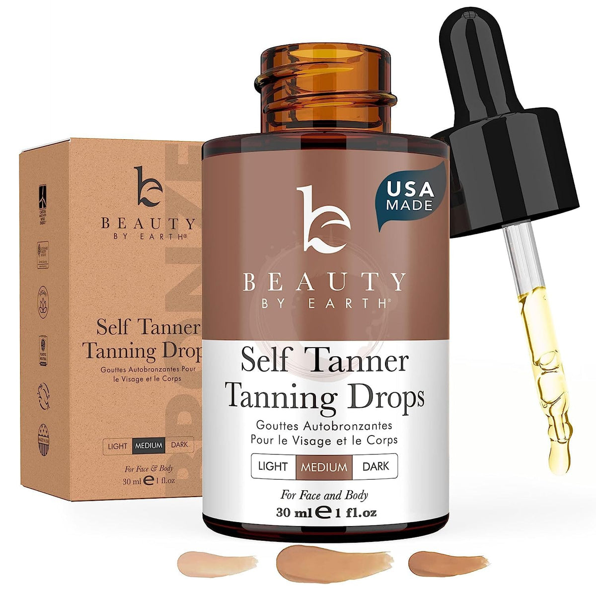 Beauty by Earth front packaging showing clean organic tanner benefits