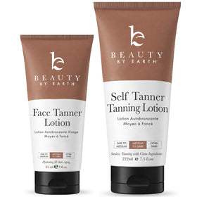 Beauty by Earth front packaging showing lotion and mitt, promotes natural glow