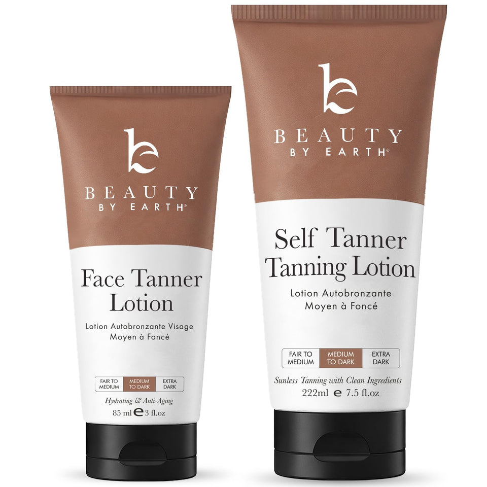 Beauty by Earth front packaging showing lotion and mitt, promotes natural glow