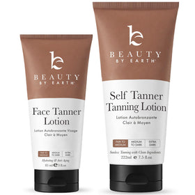 Beauty by Earth front packaging shows clean self tanner and mitt benefit: clear product presentation