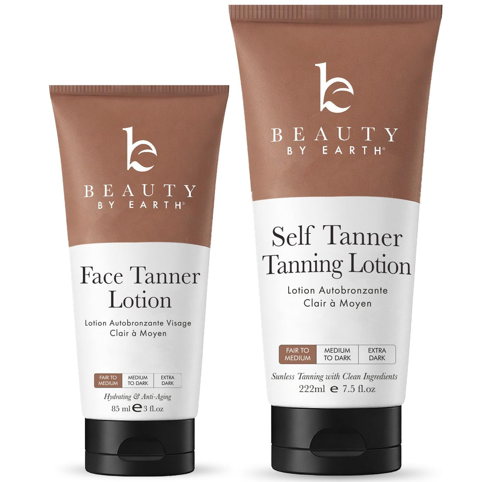 Beauty by Earth front packaging shows clean self tanner and mitt benefit: clear product presentation