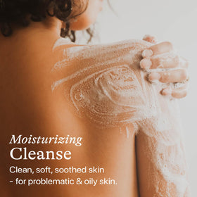 Beauty by Earth in-shower use on washcloth illustrating refreshing lather and soothing benefit