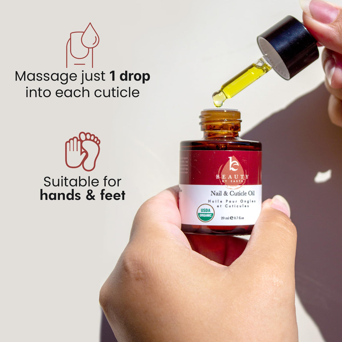 Beauty by Earth applied on model hands showing hydrated cuticles