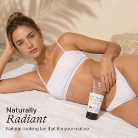 Beauty by Earth lifestyle bathroom vanity scene showing everyday sunless routine