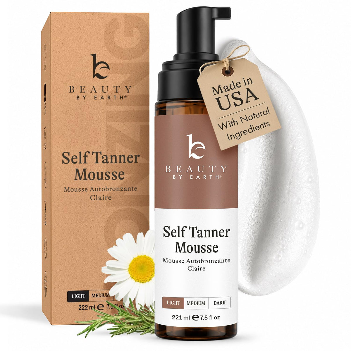 Beauty by Earth front packaging showing clean tanning mousse benefits