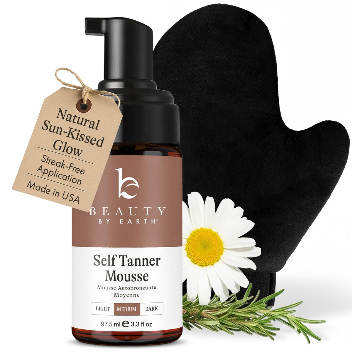 Beauty by Earth front packaging showing clean tanning mousse benefits